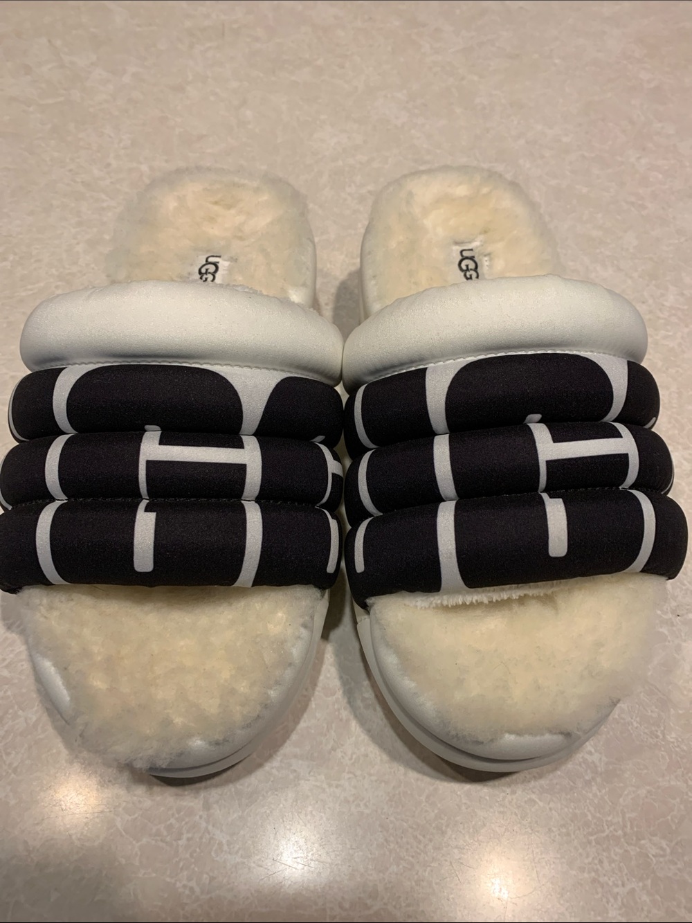 UGG Black & White Shearling Quilted Slide Sandals Size 6